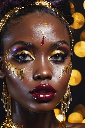 closeup face portrait of a black skinned woman, long eyelashes, dripping liquid gold from face, wine red lips, colorful eye shadow, finger on the lips, gold glitter applicartions on face, , decoration, dark background, ,DonML1quidG0ldXL 
