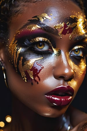 closeup face portrait of a black skinned woman, long eyelashes, dripping liquid gold from face, wine red lips, colorful eye shadow, finger on the lips, gold glitter applicartions on face, dark background, ,DonML1quidG0ldXL 