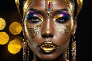 closeup face portrait of a black skinned woman, long eyelashes, nose piercing, dripping liquid gold from face, diamonds gemstone on skin, black matted lips, colorful eye shadow, gold glitter applicartions on face, dark background, ,DonML1quidG0ldXL 