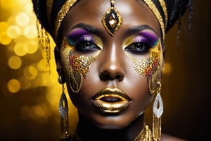 closeup face portrait of a black skinned woman, long eyelashes, nose piercing, dripping liquid gold from face, diamonds gemstone on skin, black matted lips, colorful eye shadow, finger on the lips, gold glitter applicartions on face, dark background, ,DonML1quidG0ldXL 