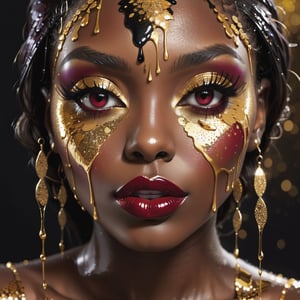 closeup face portrait of a black skinned woman, long eyelashes, dripping liquid gold from face, wine red lips, colorful eye shadow, finger on the lips, gold glitter applicartions on face, dark background, ,DonML1quidG0ldXL 