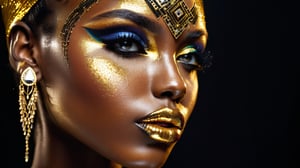 closeup face portrait of a black skinned woman 30 yo, small nose, long eyelashes, nose piercing, dripping liquid gold from face, diamonds gemstone on skin, black matted lips, colorful eye shadow, gold glitter applicartions on face, dark background,  symetrical geometry , ,DonML1quidG0ldXL 