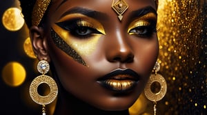 closeup face portrait of a black skinned woman 30 yo, small nose, long eyelashes, nose piercing, dripping liquid gold from face, diamonds gemstone on skin, black matted lips, colorful eye shadow, gold glitter applicartions on face, dark background,  symetrical geometry , ,DonML1quidG0ldXL 