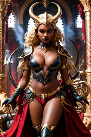 high detailed masterpiece nsfw, golden ratio, nude succubus Maleficent witch, black skinned african woman, slim body, wasp wait body, blonde hair, her top is wide open exposing naked breast,  enhanced fake rounded breasts 32DD, nipples visible, (breasts out, push up, realistic nipples, erected nipples, perky nipples,shaved pussy, exposed vagina, 
waering a red ornamentic gown dress with a big collar, , long dress, armor boots, bangle, gloves, holding a spear, succubus horn headpiece, inside of a fantasy temple palace, throne room, legend of the cryprtids style, 
dark fantasy background,eyes shoot,more detail XL,style,breasts, ,More Detail,breasts cutout clothing,Movie Still, breasts,LegendDarkFantasy, nipple,aw0k nsfwfactory