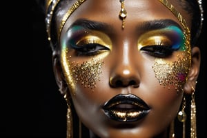 closeup face portrait of a black skinned woman, long eyelashes, nose piercing, dripping liquid gold from face, diamonds gemstone on skin, black matted lips, colorful eye shadow, finger on the lips, gold glitter applicartions on face, dark background, ,DonML1quidG0ldXL 