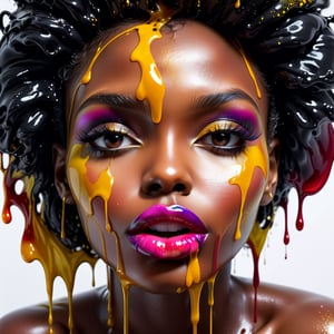 closeup face portrait of a black skinned woman, dripping liquid colors from lips, finger on the lips, ,DonML1quidG0ldXL 