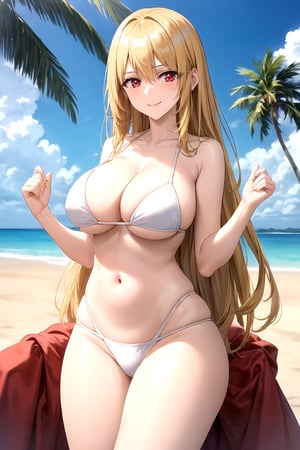 masterpiece, best quality, best aesthetic, anime, ultra detailed,
valkyrie_leia, 1girl, solo, (white bikini, highleg bikini:1.2), cleavage, halterneck, (large breasts, wide hips:1.3), (long hair, blond hair:1.2), red eyes, (smile, closed mouth:1.2), cowboy shot, looking at viewer, outdoors, beach, palm tree