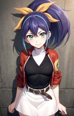 masterpiece, best quality, best aesthetic, anime,
1girl, solo, serena_arc_v, 14-year old girl, (medium breasts:1.2), (wide hips:1.2), (hair bow, yellow ribbon:1.2), (ponytail:1.2), (serena_lancer:1.2), (jacket:1.3), (white skirt:1.3), brown belt, (black shirt, white neck:1.3), standing, (cowboy_shot:1.2), looking at viewer, (arms at sides:1.2), against_wall, outdoors, (smile, closed mouth:1.2), city