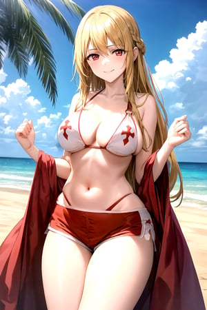 masterpiece, best quality, best aesthetic, anime, ultra detailed,
valkyrie_leia, 1girl, solo, no10-asuna, (white bikini, red trimming, o-ring, highleg:1.2), cleavage, halterneck, panties under shorts, (red,white shorts, short shorts:1.2), (large breasts, wide hips:1.3), (long hair, blond hair:1.2), red eyes, (smile, closed mouth:1.2), cowboy shot, looking at viewer, outdoors, beach, palm tree