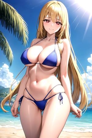 masterpiece, best quality, best aesthetic, anime, ultra detailed,
valkyrie_leia, 1girl, solo, (blue bikini, string bikini:1.2), highleg bikini, (large breasts, wide hips:1.3), (long hair, blond hair:1.2), red eyes, (smile, closed mouth:1.2), cowboy shot, looking at viewer, outdoors, beach, palm tree