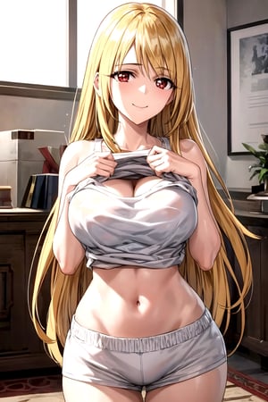 masterpiece, best quality, best aesthetic, anime, ultra detailed,
valkyrie_leia, 1girl, solo, (white shorts, short shorts:1.2), (white tank top, shirt lift:1.2), midriff, (large breasts:1.2), wide hips:1.3), (long hair, blond hair:1.2), red eyes, (smile, closed mouth:1.2), cowboy shot, looking at viewer, indoors, living room, hotel room