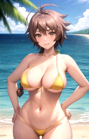 masterpiece, best quality, best aesthetic, anime, ultra detailed, juugoyatsukimi, 1girl, solo, (yellow bikini, string bikini, thong:1.3), (large breasts, wide hips:1.3), (hands on hips:1.2), spread legs, (smile, closed mouth:1.2), cowboy shot, looking at viewer, outdoors, beach, sunset