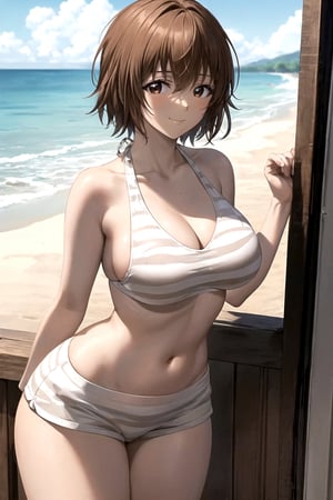 masterpiece, best aesthetic, best quality, ultra detailed, mao_miko, (large breasts:1.2), (wide hips:1.2), doax_nixie, (white bikini, striped bikini, animal print:1.3), halterneck, (white shorts, short shorts, striped shorts:1.3), cowboy shot, looking_at_viewer, outdoors, beach, (smile, closed mouth:1.2)