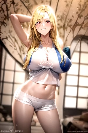 masterpiece, best quality, best aesthetic, anime, ultra detailed,
valkyrie_leia, 1girl, solo, (white shorts, short shorts:1.2), (white tank top:1.2), (cleavage:1.2), midriff, (large breasts:1.2), wide hips:1.3), (long hair, blond hair:1.2), red eyes, (smile, closed mouth:1.2), (arms up:1.2), cowboy shot, looking at viewer, indoors, living room, hotel room