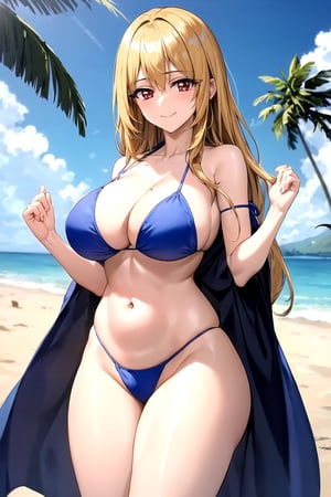 masterpiece, best quality, best aesthetic, anime, ultra detailed,
valkyrie_leia, 1girl, solo, (blue bikini, string bikini:1.2), highleg bikini, (large breasts, wide hips:1.3), (long hair, blong hair:1.2), red eyes, (smile, closed mouth:1.2), cowboy shot, looking at viewer, outdoors, beach, palm tree