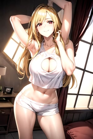 masterpiece, best quality, best aesthetic, anime, ultra detailed,
valkyrie_leia, 1girl, solo, (white shorts, short shorts:1.2), (white tank top:1.2), (cleavage:1.2), midriff, (large breasts:1.2), wide hips:1.3), (long hair, blond hair:1.2), red eyes, (smile, closed mouth:1.2), (arms up:1.2), cowboy shot, looking at viewer, indoors, living room, hotel room