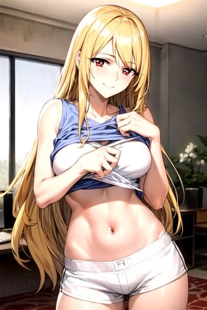 masterpiece, best quality, best aesthetic, anime, ultra detailed,
valkyrie_leia, 1girl, solo, (white shorts, short shorts:1.2), (white tank top, shirt lift:1.2), midriff, (large breasts:1.2), wide hips:1.3), (long hair, blond hair:1.2), red eyes, (smile, closed mouth:1.2), cowboy shot, looking at viewer, indoors, living room, hotel room