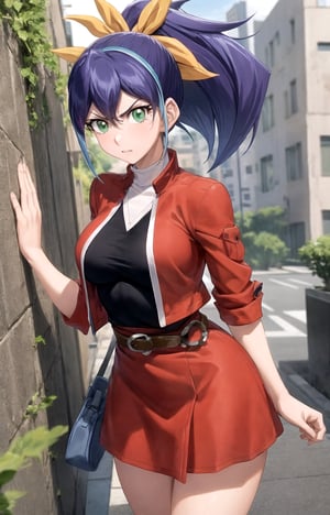 masterpiece, best quality, best aesthetic, anime,
1girl, solo, (serena_arc_v:1.2), serena_lancer, 14-year old girl, (medium breasts:1.2), (wide hips:1.2), (hair bow, yellow ribbon:1.2), (ponytail:1.2), (red jacket:1.2), (white skirt, brown belt:1.2), (black and white shirt, white neck:1.2), standing, (cowboy_shot:1.2), looking at viewer, (crossed arms:1.2), against_wall, outdoors, (serious:1.2), city