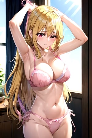masterpiece, best quality, best aesthetic, anime, ultra detailed,
valkyrie_leia, 1girl, solo, (pink bra:1.2), (pink panties, string panties:1:2), (large breasts, wide hips:1.3), (long hair, blond hair:1.2), (closed mouth:1.2), (red eyes, one eye closed:1.2), (arms up:1.2), cowboy shot, seiza, on bed, looking at viewer, indoors, bedroom, (window:1.1), (sunlight:1.2)