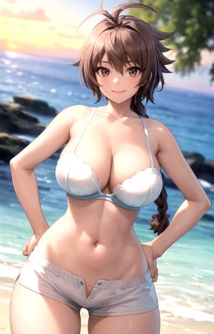 masterpiece, best quality, best aesthetic, anime, ultra detailed, juugoyatsukimi, 1girl, solo, (braid:1.1), (large breasts, wide hips:1.3), (white bra:1.3), (white shorts, short shorts, boyshorts:1.3), (hands on hips:1.2), spread legs, (smile, closed mouth:1.2), cowboy shot, looking at viewer, outdoors, beach, sunset,brown hair, brown eyes, antenna hair