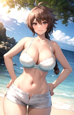 masterpiece, best quality, best aesthetic, anime, ultra detailed, juugoyatsukimi, 1girl, solo, (large breasts, wide hips:1.3), (white bra:1.3), (white shorts, short shorts, boyshorts:1.3), (hands on hips:1.2), spread legs, (smile, closed mouth:1.2), cowboy shot, looking at viewer, outdoors, beach, sunset,brown hair, brown eyes, antenna hair,juugoyatsukimi