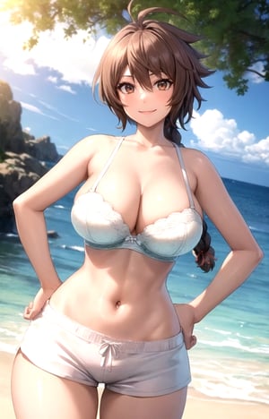 masterpiece, best quality, best aesthetic, anime, ultra detailed, juugoyatsukimi, 1girl, solo, (large breasts, wide hips:1.3), (white bra:1.3), (white shorts, short shorts, boyshorts:1.3), (hands on hips:1.2), spread legs, (smile, closed mouth:1.2), cowboy shot, looking at viewer, outdoors, beach, sunset,brown hair, brown eyes, antenna hair,juugoyatsukimi