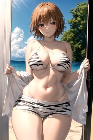 masterpiece, best aesthetic, best quality, ultra detailed, mao_miko, (large breasts:1.2), (wide hips:1.2), doax_nixie, (white bikini, striped bikini, animal print:1.3), halterneck, (white shorts, short shorts, striped shorts:1.3), cowboy shot, looking_at_viewer, outdoors, beach, (smile, closed mouth:1.2),mao_miko