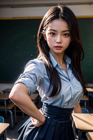 ultra high res, (RAW photo, photorealistic:1.4), (waist shot:1.6), perfect anatomy, ideal ratio body proportions, detailed face, detailed eyes, detailed waist, (1girl:1.4), 18yo, cute eyes, looking at viewer, (wearing school uniform:1.4), (selfie pose:1.4), (in classroom:1.4), (dramatic lighting:1.2), (8k, masterpiece, best quality:1.4)