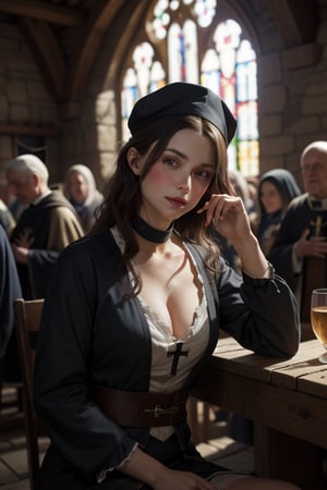 Realistic natural light 8k detailed best quality warm light ancient medieval tavern prostitute dressed in period clothing, beautiful sexy face subjective look surrounded by drunken minstrels ((parishioners))