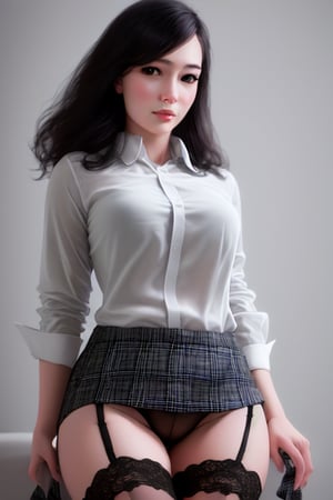 1 girl, (emmo) with a plaid miniskirt wearing a garter black and white shirt in a sensual beautiful acticud (perfect face) (((realistic))) ((super realistic))