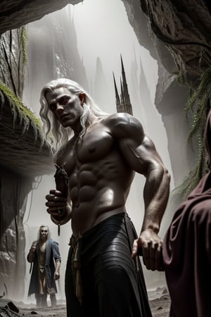dark ambient underground natural light detailed realistic 8k award winning photography close up of ((Drizzt Do'Urden)) with two ((simitars)) one in each hand in the Underdark underground city