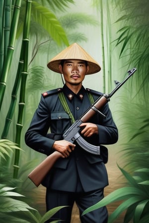 Vietnamese soldier with an AK 47 conducting reconnaissance. He has a traditional Vietnamese hat and a black suit. in an intricate jungle with bamboo liana and trees and ferns