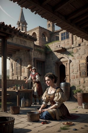 Realistic natural light 8k detailed best quality warm light ancient medieval tavern prostitute dressed in period clothing surrounded by drunken minstrels parishioners