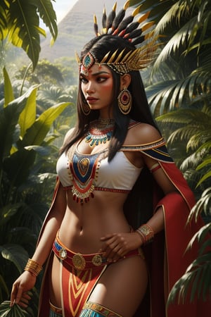 natural light detailed realistic aztec woman warrior goddess beautiful colorful ritual costumes in the jungle you can see an azreca pyramid and more aztecs working