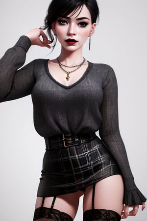 1 girl, (emmo) with a plaid miniskirt wearing garters black and white shirt in a sensual attitude hates the world and her parents black lips
 fleshy necklaces earrings beautiful (perfect face)(((realistic))) ((super realistic))