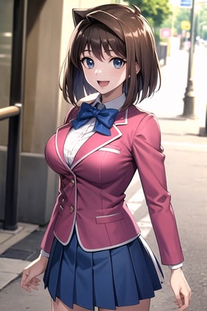 masterpiece, best quality, highres, aamazaki, (antenna hair:1.2), medium breasts, blue bowtie, pink jacket, blazer, long sleeves, blue skirt, pleated skirt, outdoors, cowboy shot, standing, smile, open mouth, big breasts,,looking at viewer,aamazaki