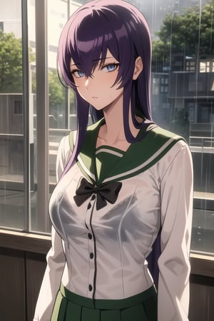 saekobusujima, saeko busujima, long hair, purple hair, (purple eyes:1.1), hair between eyes,BREAK skirt, long sleeves, bow, school uniform, serafuku, green skirt,BREAK looking at viewer,(masterpiece:1.2), best quality, high resolution, unity 8k wallpaper, (illustration:0.8), (beautiful detailed eyes:1.6), extremely detailed face, perfect lighting, extremely detailed CG, (perfect hands, perfect anatomy), solo, 1girl,cowboy shot,big breasts,,wet,(rain:1.3),The shirt is transparent,,bra visible through clothes,bra,,outdoors,