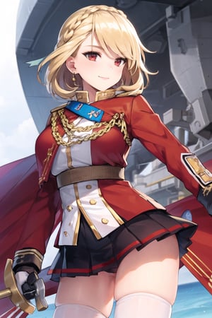 (masterpeace),solo, Prince_of_Wales,blonde hair,braided bangs,short hair,red eyes,red outfit,miniskirt,thigh_boots,cowboy shot, looking at viewer,light smile