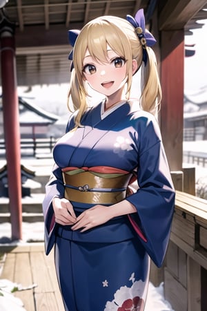 masterpiece, best quality, highres, lucy heartfilia, blonde hair, twintails, large breasts, looking at viewer,smile,open mouth,(Brilliant
 kimono:1.3), shrine,snow,winter,(perfect hands, perfect anatomy),cowboy shot
