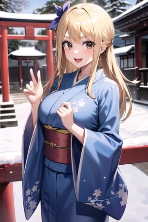 masterpiece, best quality, highres, lucy heartfilia, blonde hair, long hair, large breasts,hair ornament, hair flower, blue flower, fur trim, japanese clothes, blue kimono, print kimono, wide sleeves, obi, cowboy shot, standing, looking at viewer, outdoors, smile, open mouth,winter,snow,torii_(gate),shrine,