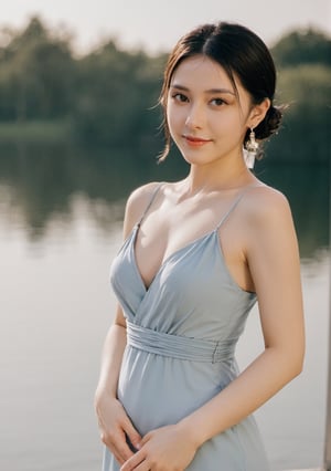 xxmix_girl,a woman in a dress is leaning over a body of water with her hands on her hips and smiling