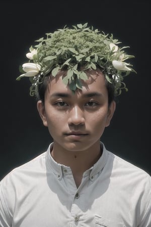 RAW photo of An enigmatic close-up photograph capturing the 1man 30 yo brown skin, indonesian, (fat:0.8), wearing flower4rmor with intricate biomechanical details on him anatomical face, wires connected to head, metal, green spotlight, dark theme, (high detailed skin:1.2), silhouetted against the bright light, 8k uhd, dslr, soft lighting, high quality, film grain, Fujifilm XT3,Lukmang77,Flower