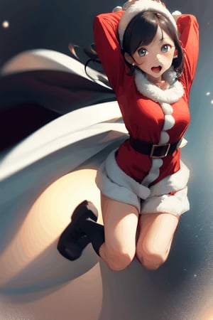 beautiful woman, jumping, 1 girl, solo, Santa Claus costume, christmas gihts, Santa Claus