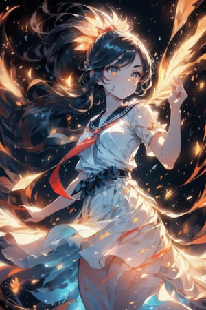 anime style beautiful woman, 1girl, (ponytail), black hair, (long hair), 
glowwave, 
Slender, skinny, (turime), thick eyebrows, 
(school uniform), (sailor uniform), ((red sailor tie)), (white sailor blouse), 
vibrant colors, sharp focus, best quality, depth of field, cinematic lighting, (illustration, 8k CG, extremely detailed), ultra-detailed, high resolution, firefliesfireflies, perfect light, 
stylish pose, 8k, very clear, highest quality, high resolution. best quality, illustration, sax blue, 1girl, cute, (dynamic lighting:1.2), cinematic lighting, delicate facial features, detailed eyes, sharp pupils, realistic pupils, depth of field, bokeh, sharp focus, (hyper-detailed, bloom, glow:1.4), many small gems,breakdomain,glowwave