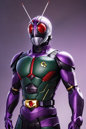 ((masterpiece,best quality)), absurdres, Kamen_Rider_Joker, solo, smiling, looking at viewer, cowboy shot, cinematic composition, stylish pose, darkness, simple background, solo, red eyes, 1boy, male focus, belt, armor, bodysuit, helmet, antennae, ((black bodysuit, Purple Line on chest, purple shoulder armor)), thumbs up, tokusatsu, Kamen_Rider_Black_RX