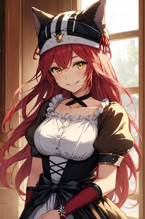 BETA, masterpiece, best quality, high quality, highres, absurdres, 1girl, solo, animal hat, anime coloring, maid, indoors, upper body, puffy short sleeves, black headwear, collarbone, parody, official style, black choker, alternate costume, bridal gauntlets, black dress, white shirt, ess, dress, frills, long sleeves, maid, maid headdress, puffy sleeves, looking at viewer, masterpiece, best quality, high resolution.,lupusregina beta, evil grin, blushing, 

