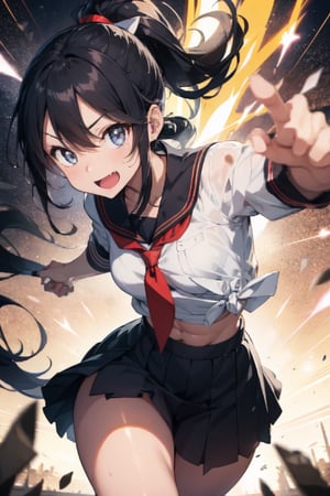 anime style beautiful woman, 1girl, (ponytail), black hair, (long hair), 
(smile), 
Slender, skinny, (turime), thick eyebrows, 
(school uniform), (sailor uniform), ((red sailor tie)), (white sailor blouse), 
(((abs))), ((rushpunch, punching, clenched hands, oreshortening, incoming attack, aura, afterimage, motion lines, speed lines, motion_blur,  energy, glowing,)), ((((punching, fighting stance, motion blur, speed line))), 
vibrant colors, sharp focus, best quality, depth of field, cinematic lighting, (illustration, 8k CG, extremely detailed), ultra-detailed, high resolution, firefliesfireflies, perfect light, 
stylish pose, 8k, very clear, highest quality, high resolution. best quality, illustration, sax blue, 1girl, cute, (dynamic lighting:1.2), cinematic lighting, delicate facial features, detailed eyes, sharp pupils, realistic pupils, depth of field, bokeh, sharp focus, (hyper-detailed, bloom, glow:1.4), many small gems,glowing gold,rushpunch,breakdomain