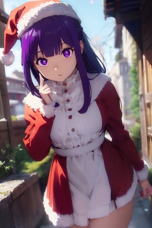 Fern, 1 girl, petite, wear Santa Claus hat, solo, purple hair, long hair, purple eyes, blunt bangs, sidelocks, half updo, bright pupils, hair ornament, frilled collar, white dress, center frills, long sleeves, long skirt, curvy, cowboy shot, Exquisite visuals, high-definition, masterpiece, best quality, 20yo, Young female, Beautiful Finger, Beautiful long legs, Beautiful body, Beautiful Nose, Beautiful character design, perfect eyes, perfect face, expressive eyes, 
 looking at viewer, official art, extremely detailed CG unity 8k wallpaper, perfect lighting,Colorful, Bright_Front_face_Lighting, shiny skin, (masterpiece:1.0), (best_quality:1.0), ultra high res, 4K, ultra-detailed, photography, 8K, HDR, highres, absurdres, Kodak portra 400, film grain, blurry background, bokeh lens flare, vibrant_color, beautiful_face, ,Santa Claus