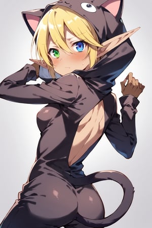 ((wearing cat costume)), black cat costume, hood, Aura Bella Fiora \(overlord\), 1girl, solo, short hair, blonde hair, hair between eyes, blue eyes, green eyes, heterochromia, dark skin, elf, deep cleaved chest, 
looking back, embarrassed, 


face, close up, simple background, standing, stylish pose, 
score_9,score_8_up,score_7_up,source_anime, dutch angle, 