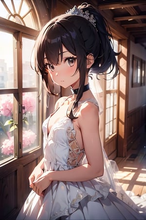 anime style beautiful woman, 1girl, upper body, ponytail, brown hair, long hair,
Slender, skinny, Flat Chest, small breasts, (turime), thick eyebrows, 
vibrant colors, female, masterpiece, sharp focus, best quality, depth of field, cinematic lighting, (illustration, 8k CG, extremely detailed), ultra-detailed, high resolution, 
,wedding dress, 
8k, RAW photo, best quality, official art, aesthetic, 1girl, long_hair, wedding_band, wedding party, elegant, silver-white wedding dress, crystals embroidery, Wearing a gorgeous crystal tiara, Realism, Realistic, seethrough_wedding_dress, WEDDING_DRESS, wedding dress, Realism, natural makeup, facing_viewer, front_view, flowers, (abstract, fractal art:1.3), highest detailed, detailed_eyes, wink
